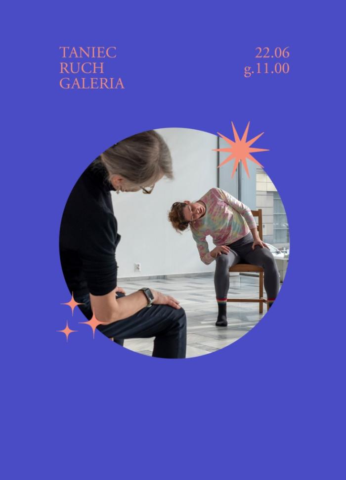 baner informacyjny w kolorze czerwono-niebieskim z napisem: Taniec Ruch Galeria 22.06 g.19.00 oraz zdjęciem dwóch kobiet na krzesłach