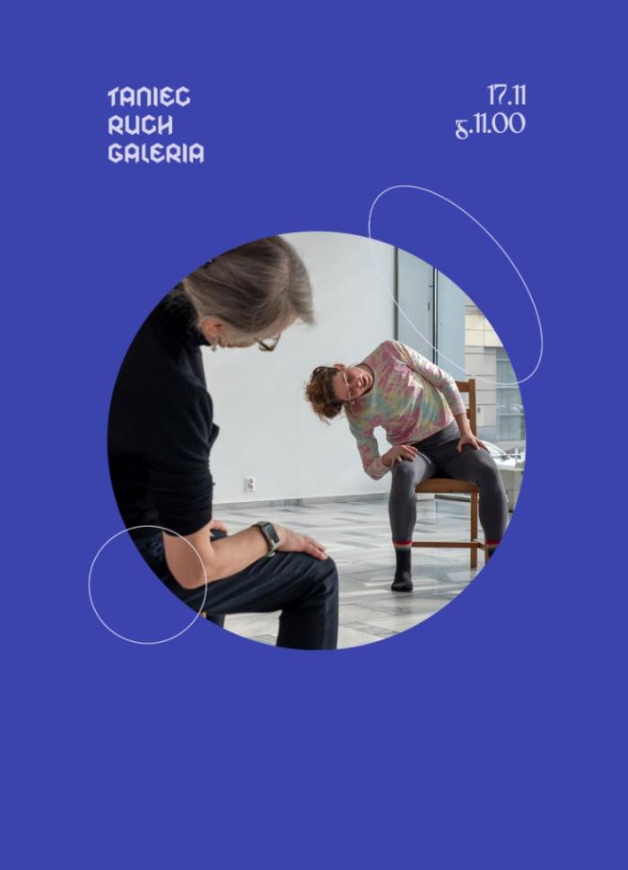 bannerek ze zdjęciem osób siedzących na krzesłach, napis taniec, ruch galeria, 17.11. niebieskie tło