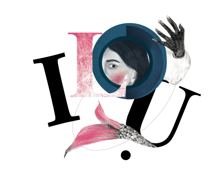 ilustracja ukazująca profil twarzy kobiety, wokół elementy typograficzne