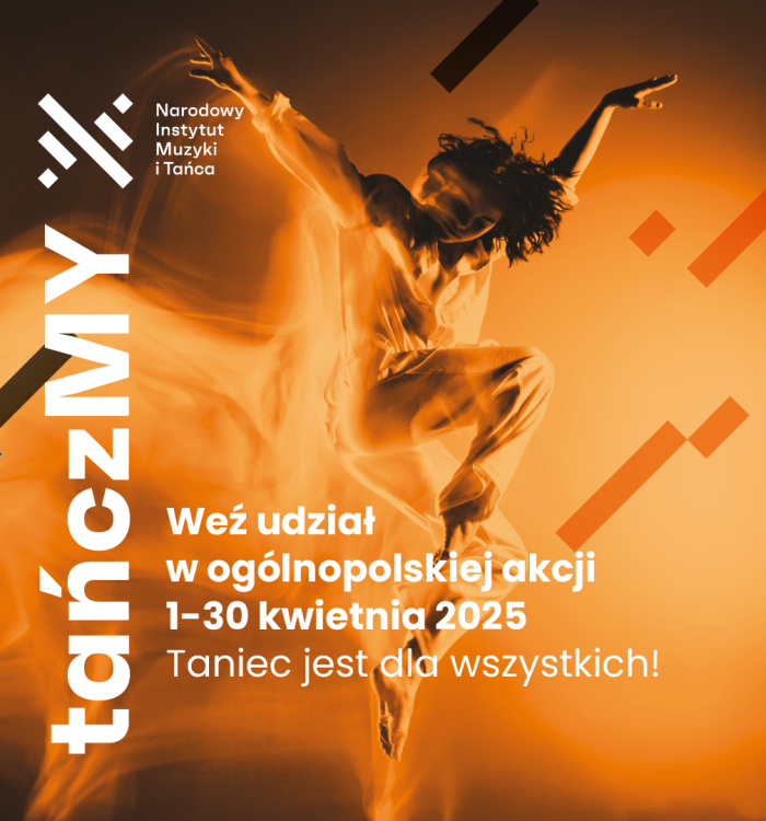 baner informacyjny Tańczmy, tancerka na brązowym tle