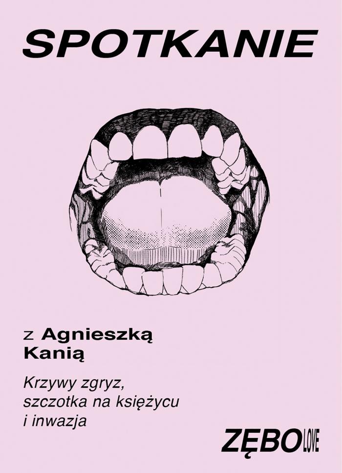 napis: spotkanie z Agnieszką Kanią, zdjęcie szczęki, różowe tło 