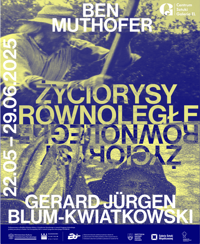 plakat informacyjny. w tle zmodyfikowane zdjęcia dwóch mężczyzn w pracy fizycznej, błękitno-żółty raster, napis: życiorysy równoległe