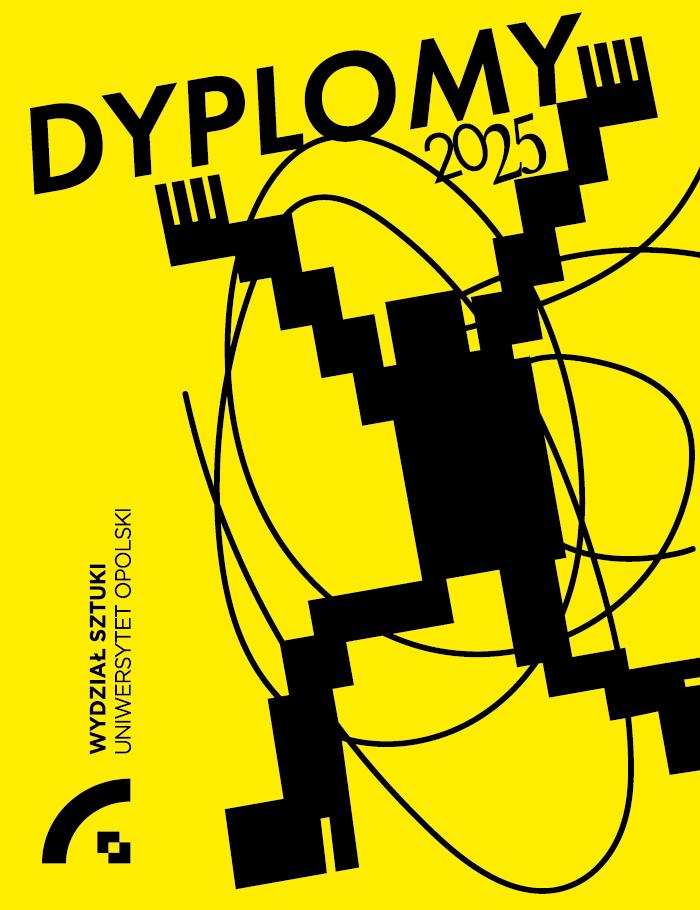 napis dyplomy 2025 na żółtym tle, uproszczona grafika przedstawiająca postać