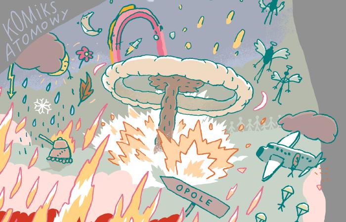 fragment komiksu, rysunek wybuchu atomowego, ogólny chaos, jednak dość bajkowy charakter katastrofy